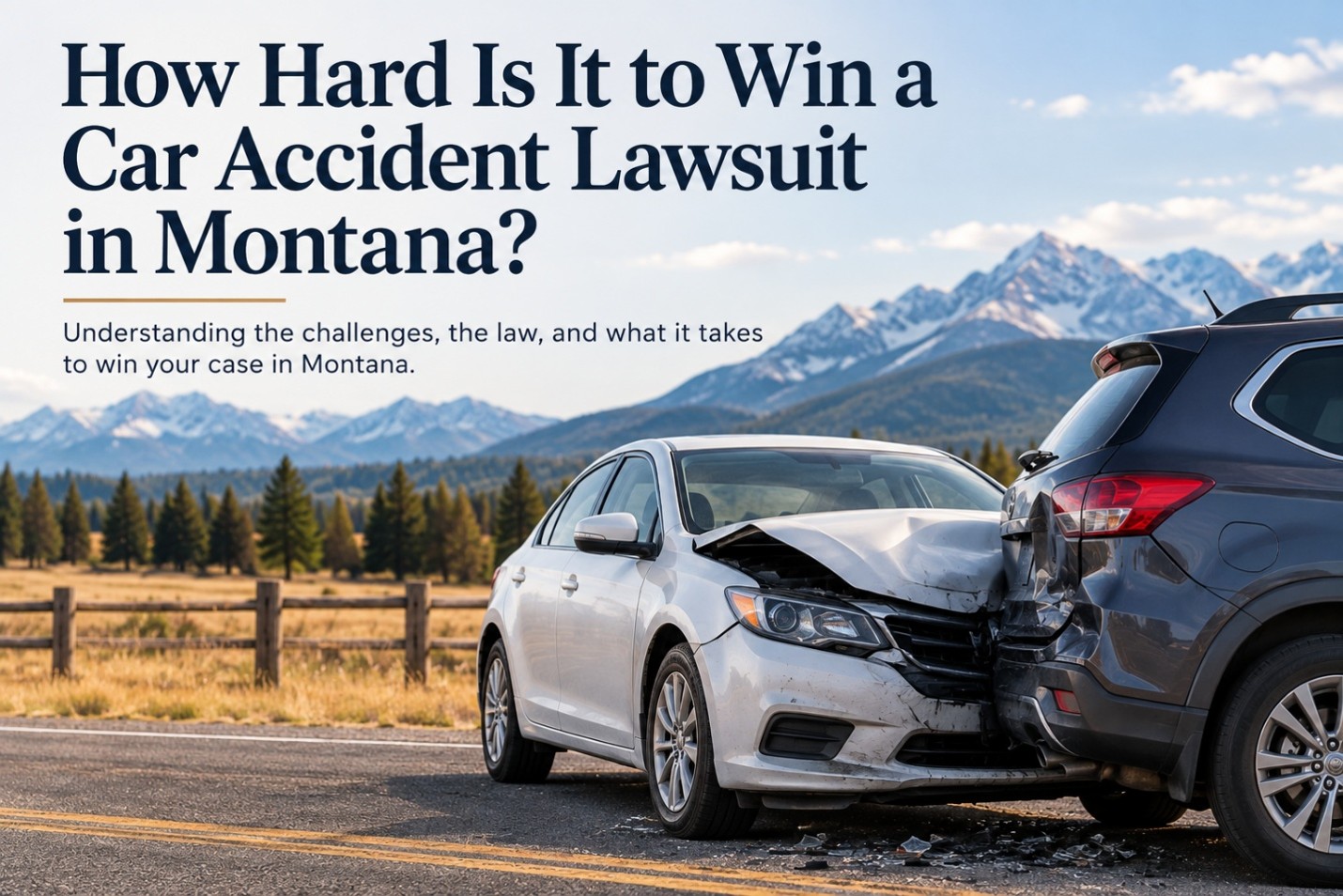 Two cars after a rear-end collision on a Montana highway with mountains in the background